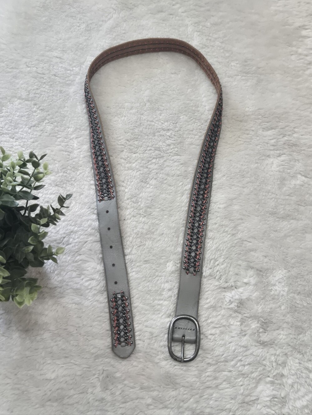 Vintage Gray Leather Metallic Woven Lattice Boho Western Indie Belt